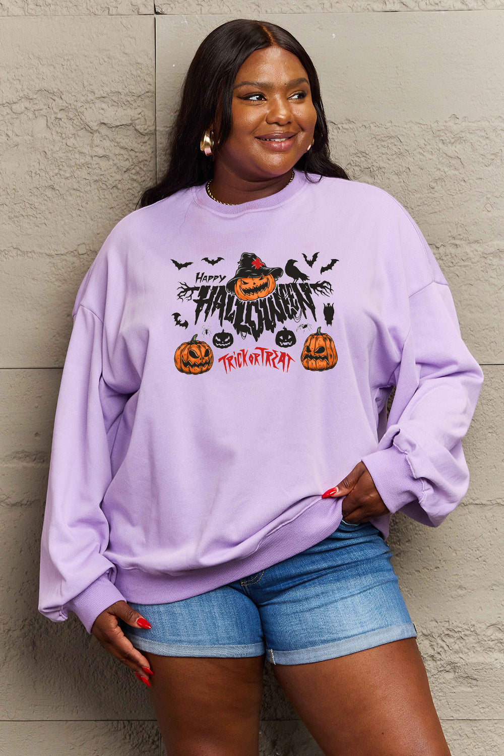 Simply Love Full Size HAPPY HALLOWEEN TRICK OR TREAT Graphic Sweatshirt