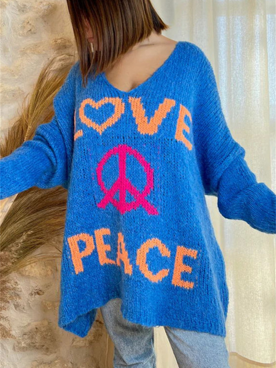 Peace Graphic V-Neck Long Sleeve Sweater