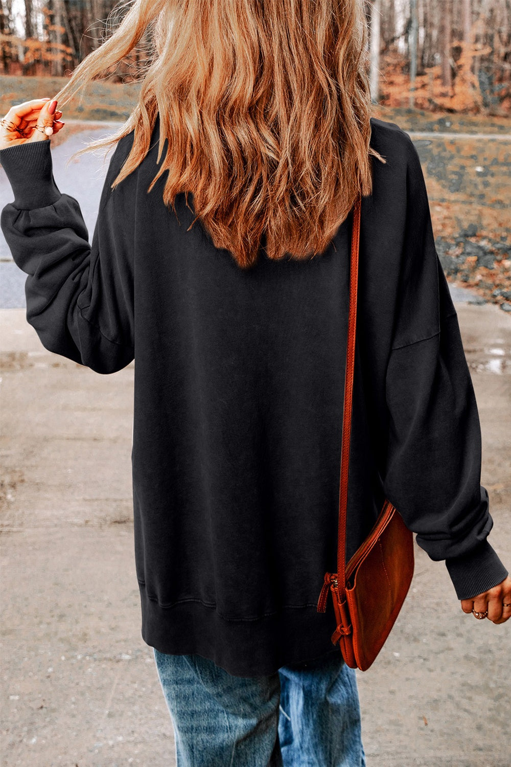 Round Neck Drop Shoulder Slit Graphic Sweatshirt